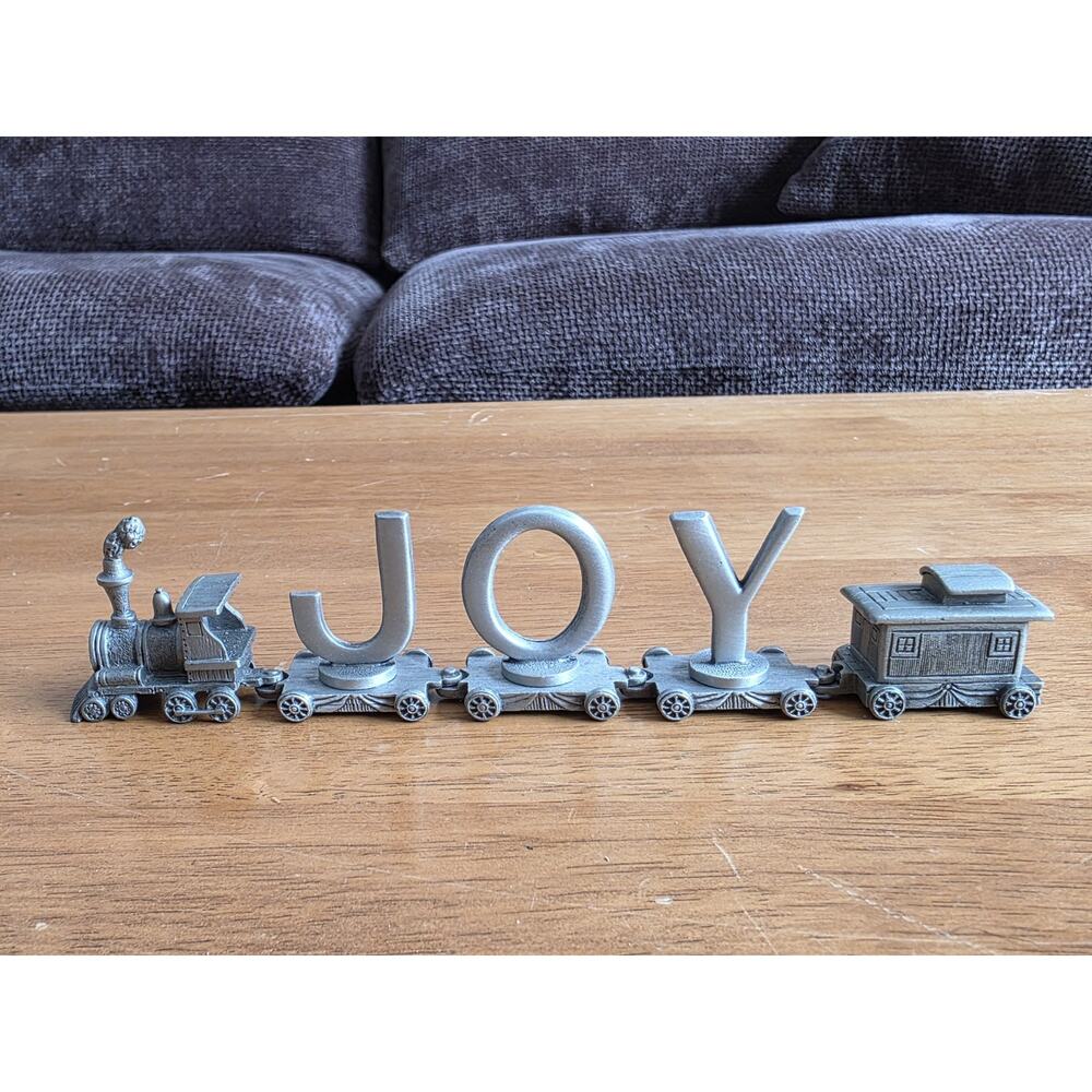 Vintage Pewter Christmas Train Set Spelling JOY With Engine And Caboose Decor